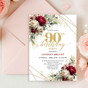 Sophisticated Burgundy Floral Gold 90th Birthday   Invitation