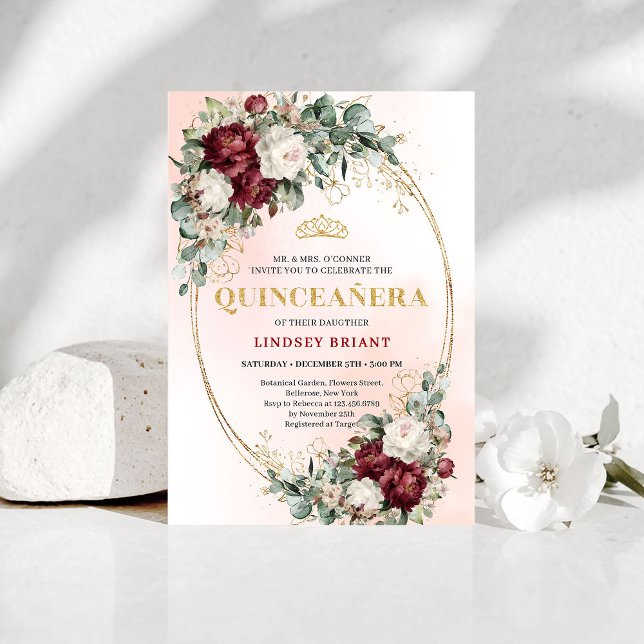 Sophisticated Burgundy Floral Gold Quince Invite (Sophisticated Burgundy Floral Gold Quince Invitation)