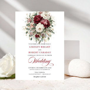 Sophisticated Burgundy White Botanical Wedding  Invitation