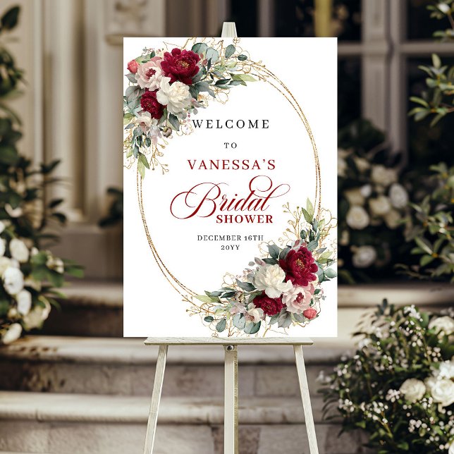 Sophisticated Burgundy White Floral Bridal Shower  Poster (Sophisticated Burgundy White Floral Bridal Shower Welcome)