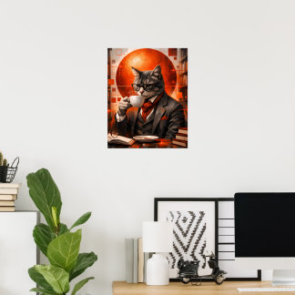 Sophisticated Cat Drinking Coffee Wall Art 
