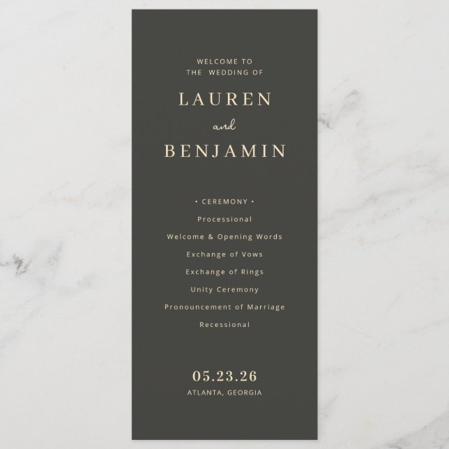 Sophisticated Charcoal Typographic Wedding Ceremon Programme (Front)