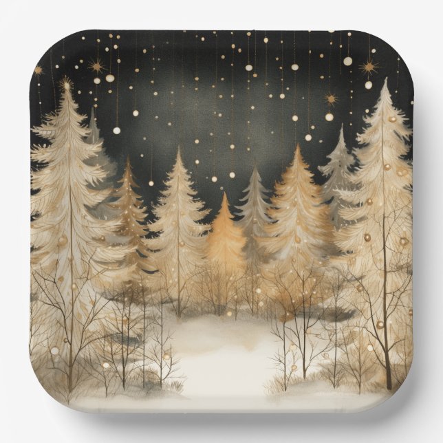 Sophisticated Christmas Golden Trees Paper Plate (Front)