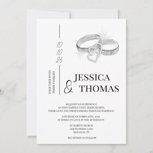 Sophisticated Class, Silver Wedding Rings Wedding Invitation (Front)