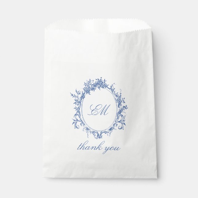 Sophisticated Classic Mnogram Crest Blue Toile Favour Bags (Front)