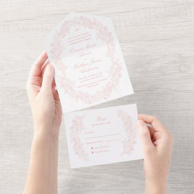Sophisticated Classic Script Blush Pink Wedding All In One Invitation (Tearaway)