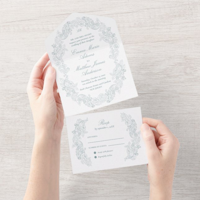 Sophisticated Classic Script Dusty Blue Wedding All In One Invitation (Tearaway)