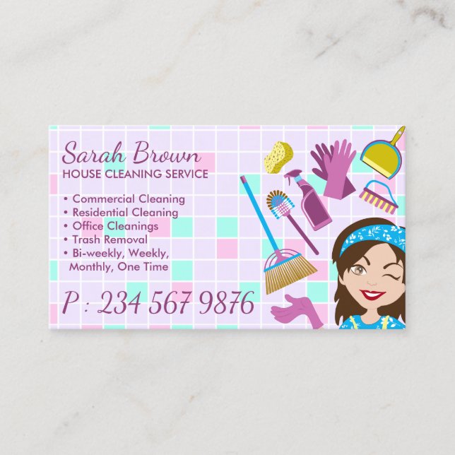 Sophisticated Cleaning Service Janitorial Lady Business Card (Front)