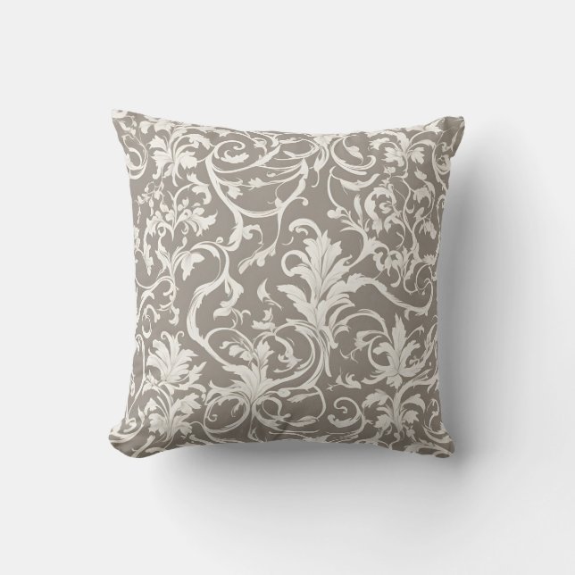 Sophisticated Damask Pattern in White with Vines Cushion (Front)
