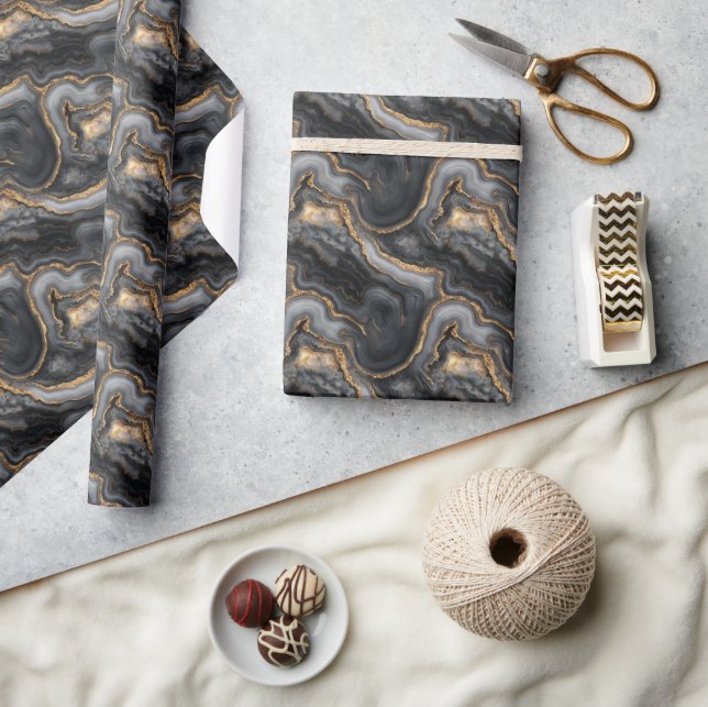 Sophisticated Dark Gray Marbled Gold Waves Wrapping Paper (Crafts)
