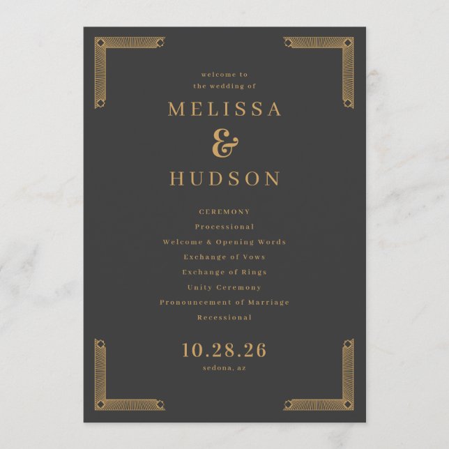 Sophisticated Dark Grey Gold Wedding Ceremony Programme (Front)