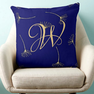 Sophisticated Deep Blue & Gold Monogram Cushion