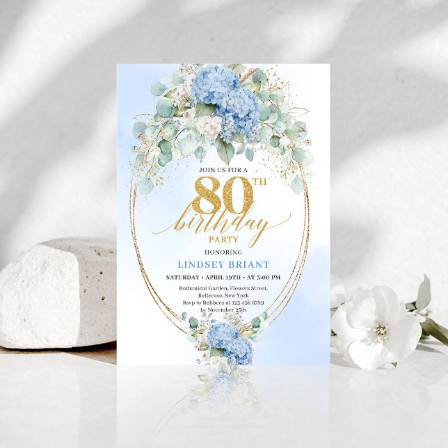 Sophisticated Dusty Blue Floral 80th Birthday Chic Invitation (Sophisticated Dusty Blue Floral 80th Birthday Invite)