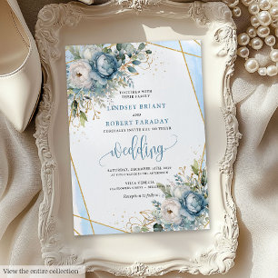 Sophisticated Dusty Blue Gold Floral Wedding  Invitation
