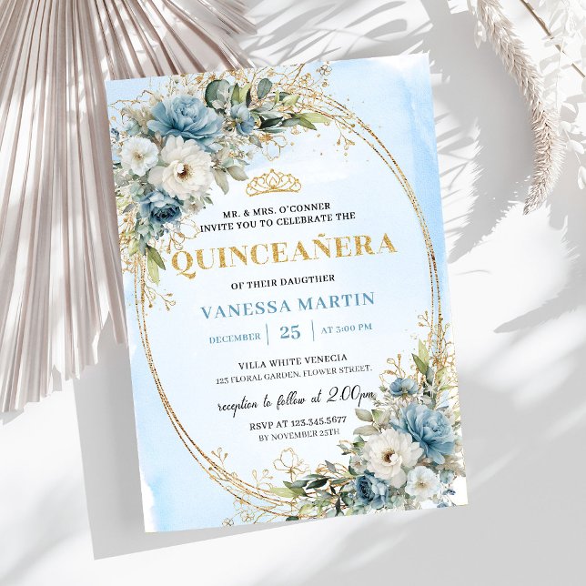 Sophisticated Dusty Blue Gold Greenery Quinceañera Invitation (Sophisticated Dusty Blue Gold Greenery Quinceañera)