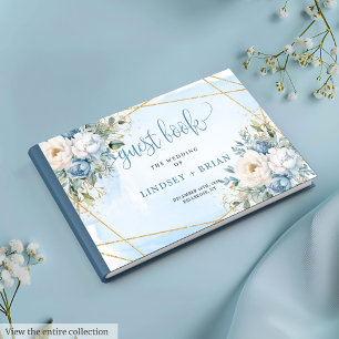 Sophisticated Dusty Blue White Gold Floral Wedding Guest Book