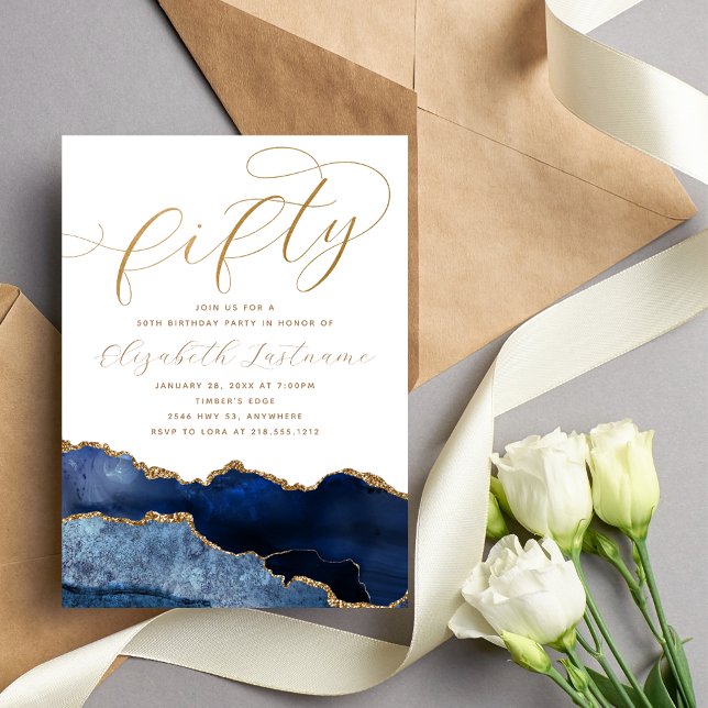 Sophisticated Elegant Gold Navy Blue 50th Birthday Invitation (Creator Uploaded)