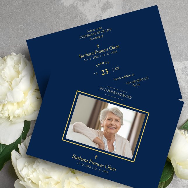 Sophisticated Elegant Minimalist Navy Blue Photo  Invitation (Sophisticated Elegant Minimalist Navy Blue Photo Funeral Invitation Card with Envelope.)