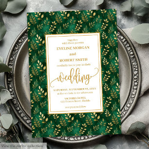 Sophisticated Emerald Green Gold Foliage Wedding  Invitation