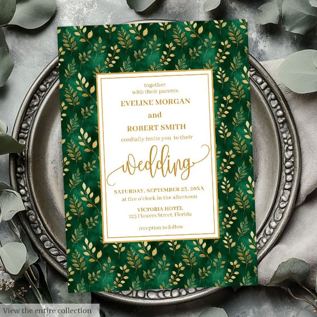 Sophisticated Emerald Green Gold Foliage Wedding  Invitation (Sophisticated Emerald Green Gold Foliage Wedding Invitation)