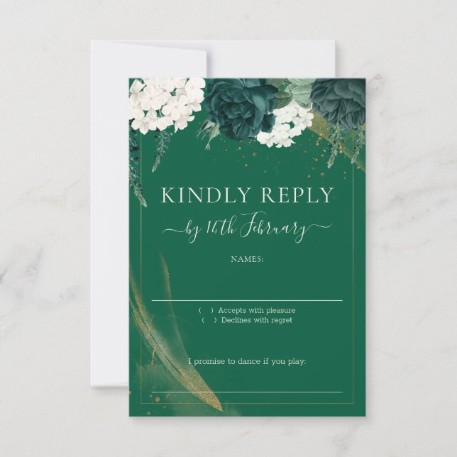 Sophisticated Emerald Roses Wedding RSVP Card (Front)