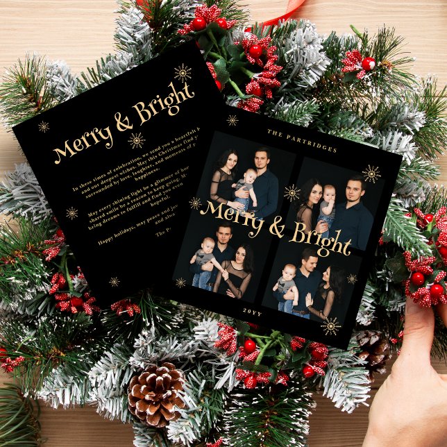 Sophisticated & Exquisite Black and Golden Collage Holiday Card (Sophisticated & Exquisite Black and Fake Golden Merry & Bright Christmas 4 Photos Collage Holiday Ca)
