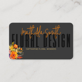 Sophisticated Floral Design Black Orange Flowers Business Card