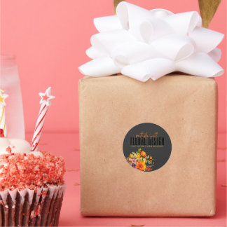 Sophisticated Floral Design Black Orange Flowers Classic Round Sticker