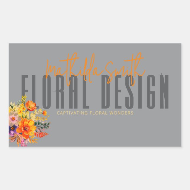 Sophisticated Floral Design Grey Orange Flowers  Rectangular Sticker (Front)