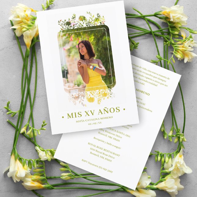 Sophisticated Floral Frame Spanish Photo Mis XV Invitation (Creator Uploaded)