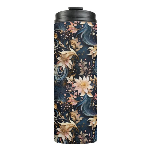 Sophisticated Gold Flowers On Navy Blue Thermal Tumbler (Front)
