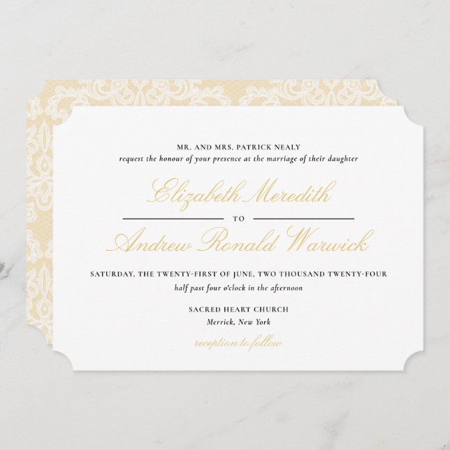Sophisticated Gold Lace Script Wedding Invitation (Front/Back)
