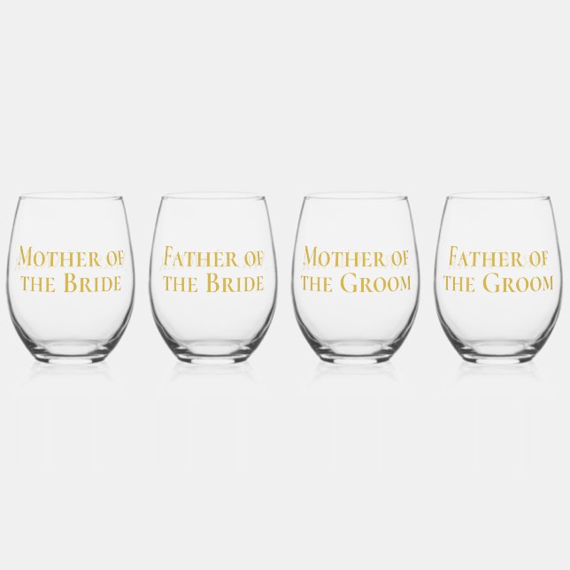 Sophisticated Gold Mother Father of Bride Groom Stemless Wine Glass (Front)