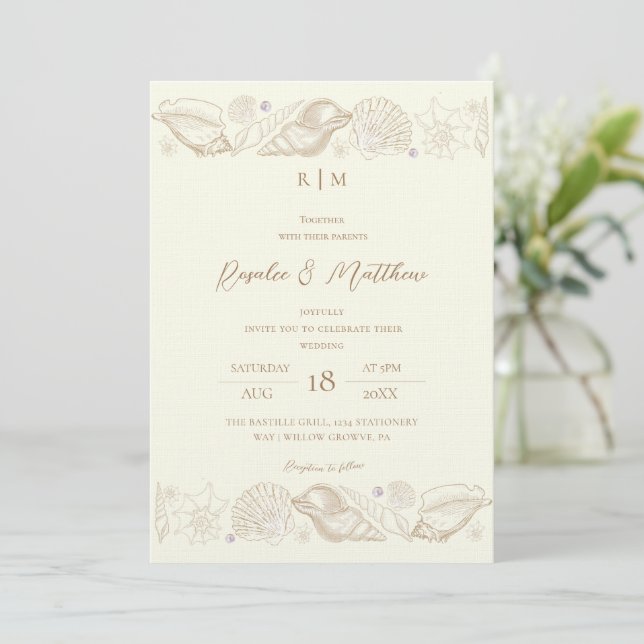 Sophisticated Gold Shells & Ivory Coastal Wedding Invitation (Standing Front)