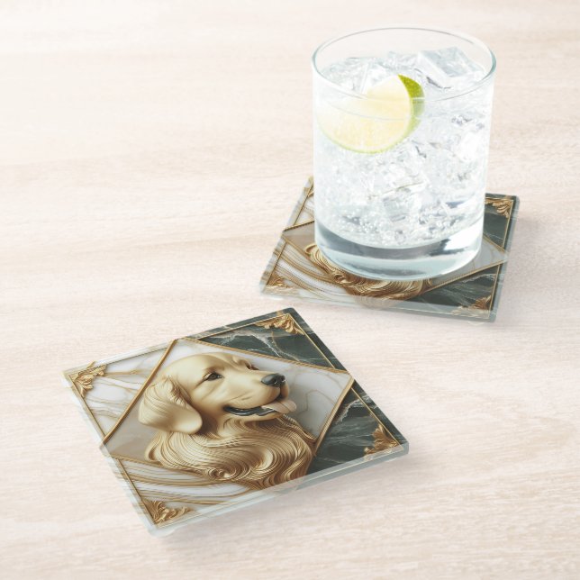 Sophisticated Golden Retriever Marble Elegance Glass Coaster (Angled)