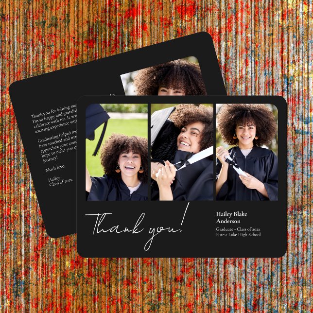 Sophisticated Graduation Photo Collage Black Thank You Card (Creator Uploaded)