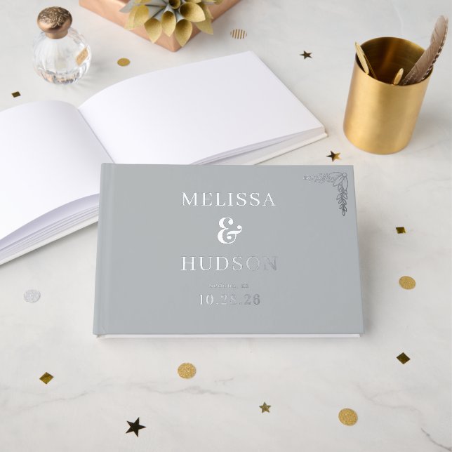 Sophisticated Gray Floral Minimalist Guest Book (Front Open)