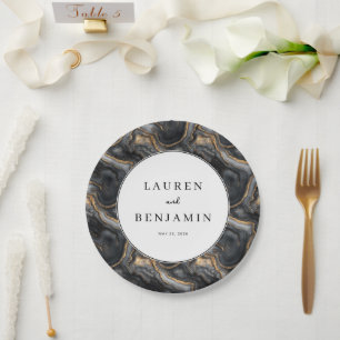 Sophisticated Gray Marbled Waves Paper Plate