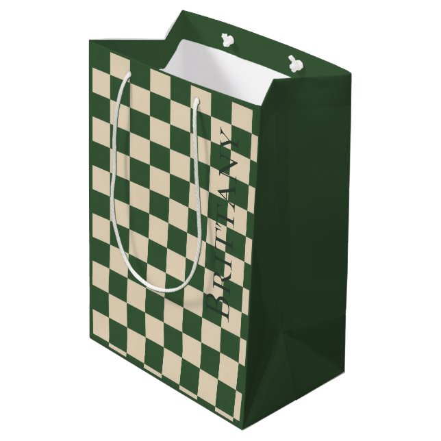 Sophisticated Green and Cream Check Customisable  Medium Gift Bag (Back Angled)
