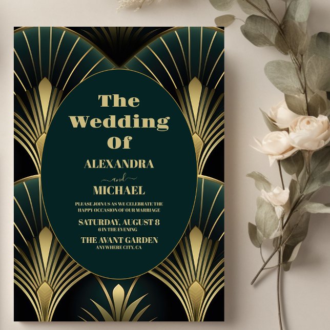 Sophisticated Green and Gold Art Deco Wedding  Invitation (Creator Uploaded)