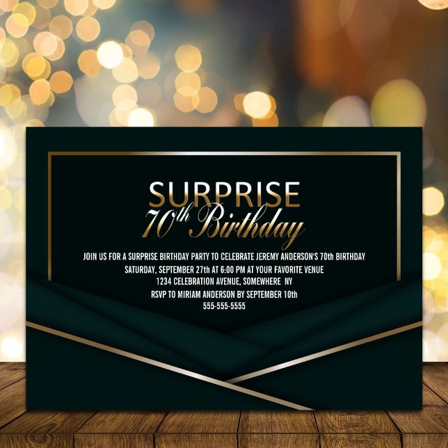 Sophisticated Green Gold 70th Surprise Birthday Invitation (Creator Uploaded)
