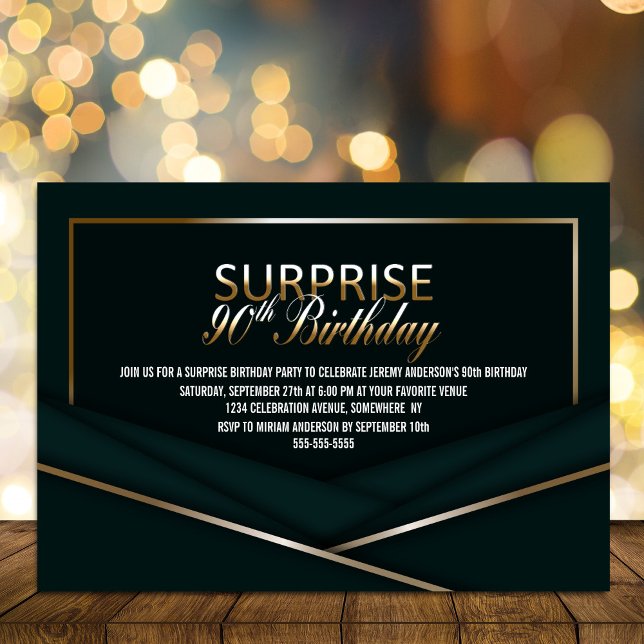Sophisticated Green Gold 90th Surprise Birthday Invitation (Creator Uploaded)