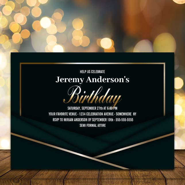 Sophisticated Green Gold Birthday Party Invitation (Creator Uploaded)
