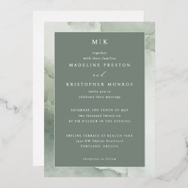Sophisticated Green Marbled Wedding Invitation (Front/Back)