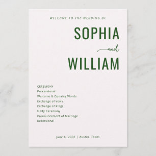 Sophisticated Green Minimalist Wedding Ceremony Programme
