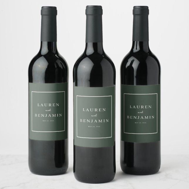 Sophisticated Green Minimalist Wedding Wine Label (Bottles)