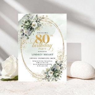 Sophisticated Greenery Gold 80th Birthday Invite