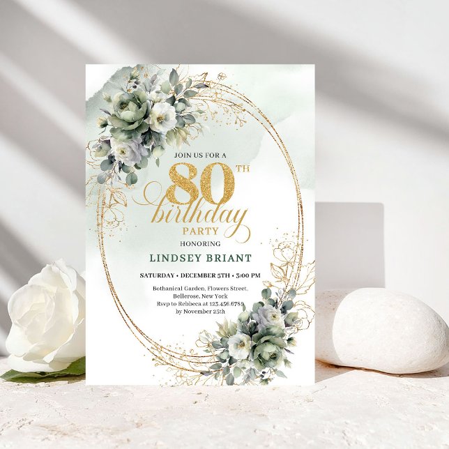 Sophisticated Greenery Gold 80th Birthday Invite (Sophisticated Greenery Gold 80th Birthday Invite)