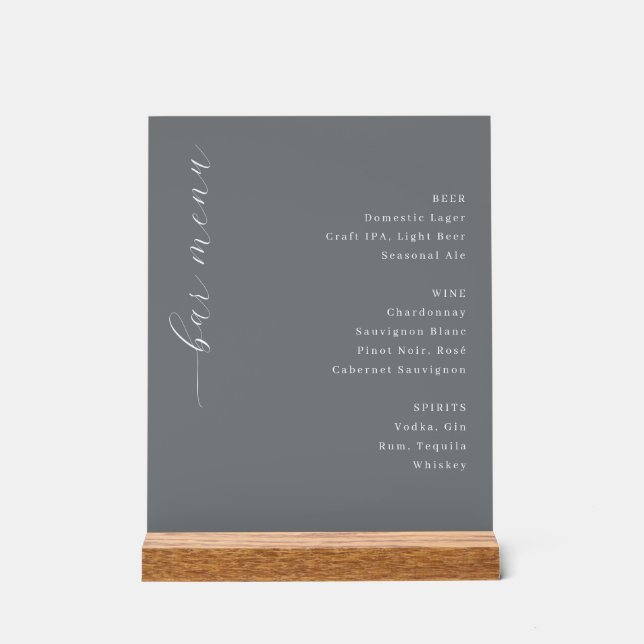 Sophisticated Grey Minimalist Bar Menu Acrylic Sign (Front)