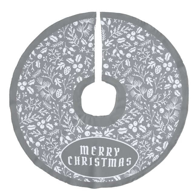  Sophisticated Grey White Christmas Pattern  Faux Linen Tree Skirt (Front)